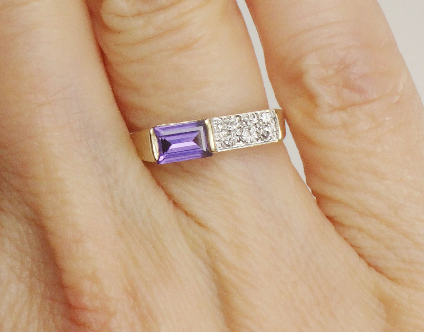 Vintage 14k Yellow Gold Rectangle Cut Purple Sapphire and Diamond Ring - Circa 1970's Size 5.25