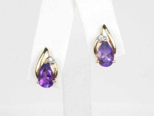 Vintage 14k Gold Amethyst Diamond Teardrop Stud Earrings