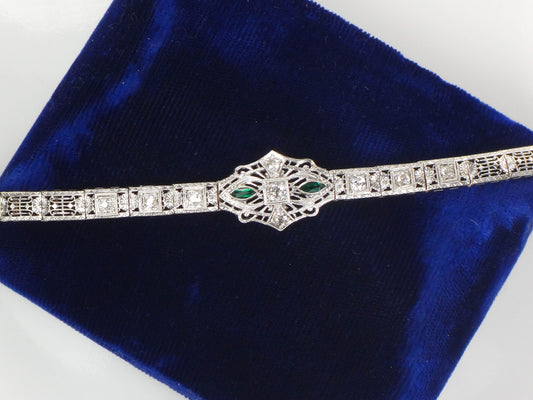 Vintage Art Deco 14k White Gold Filigree Diamond Bracelet with Emerald Green Glass Circa 1930's 6.5"