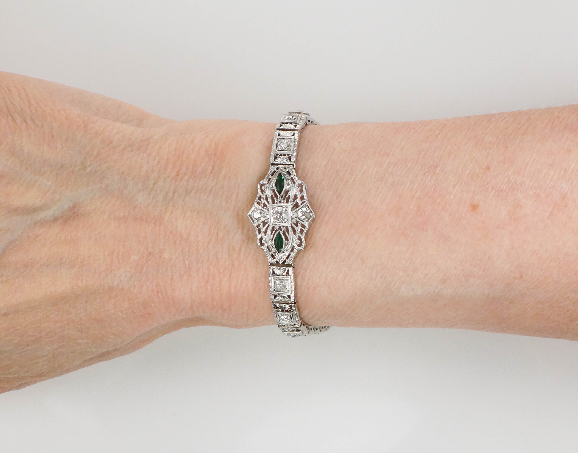 Vintage Art Deco 14k White Gold Filigree Diamond Bracelet with Emerald Green Glass Circa 1930's 6.5"