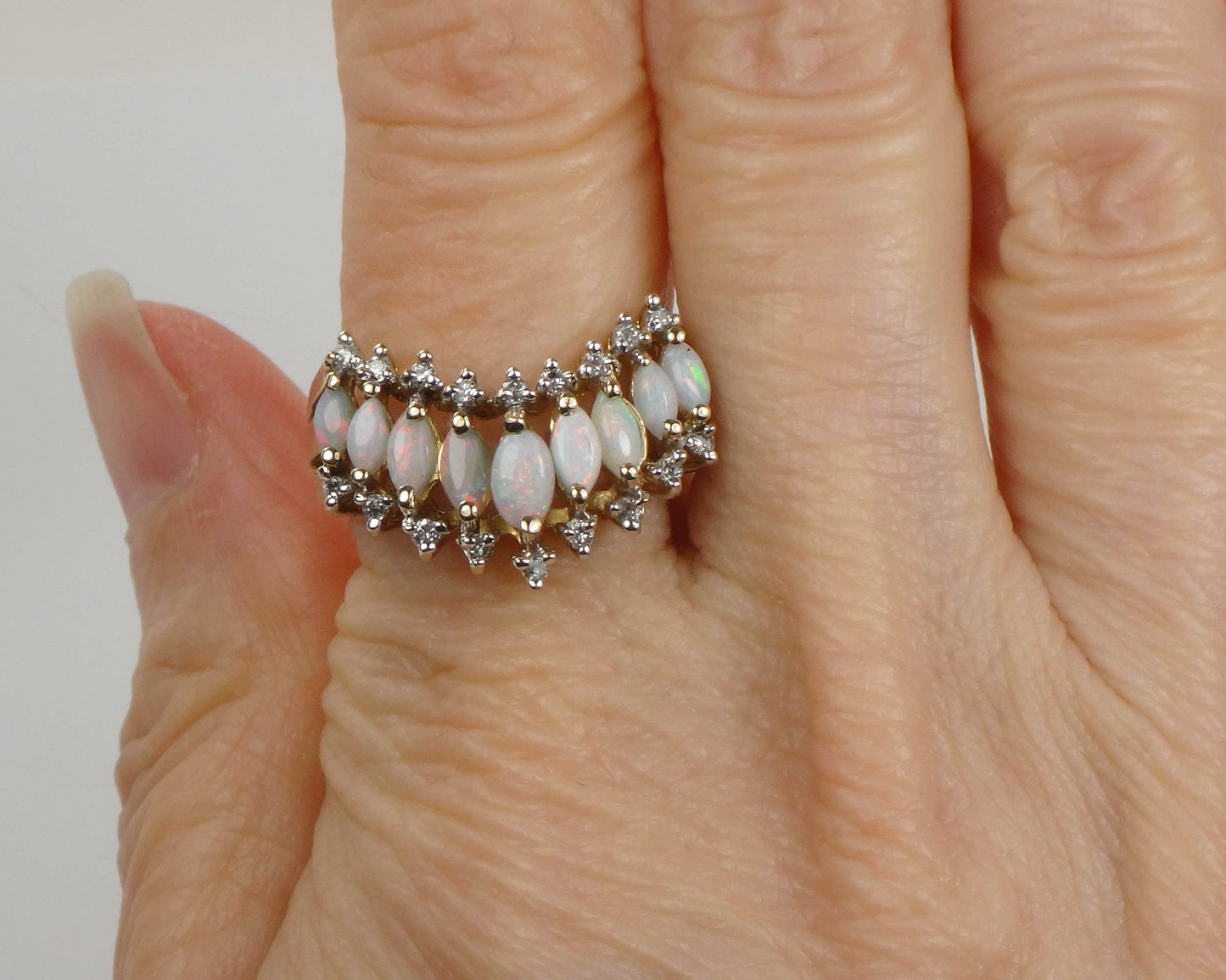 Vintage 14k Yellow Gold Opal Diamond V Ring, Size 8.5