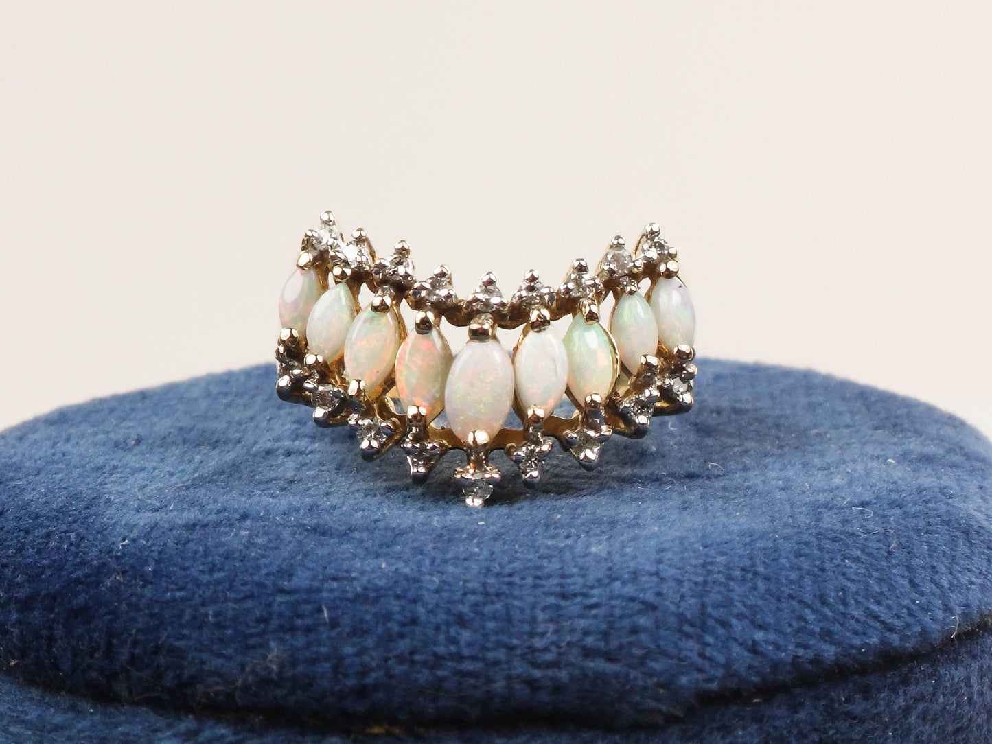 Vintage 14k Yellow Gold Opal Diamond V Ring, Size 8.5