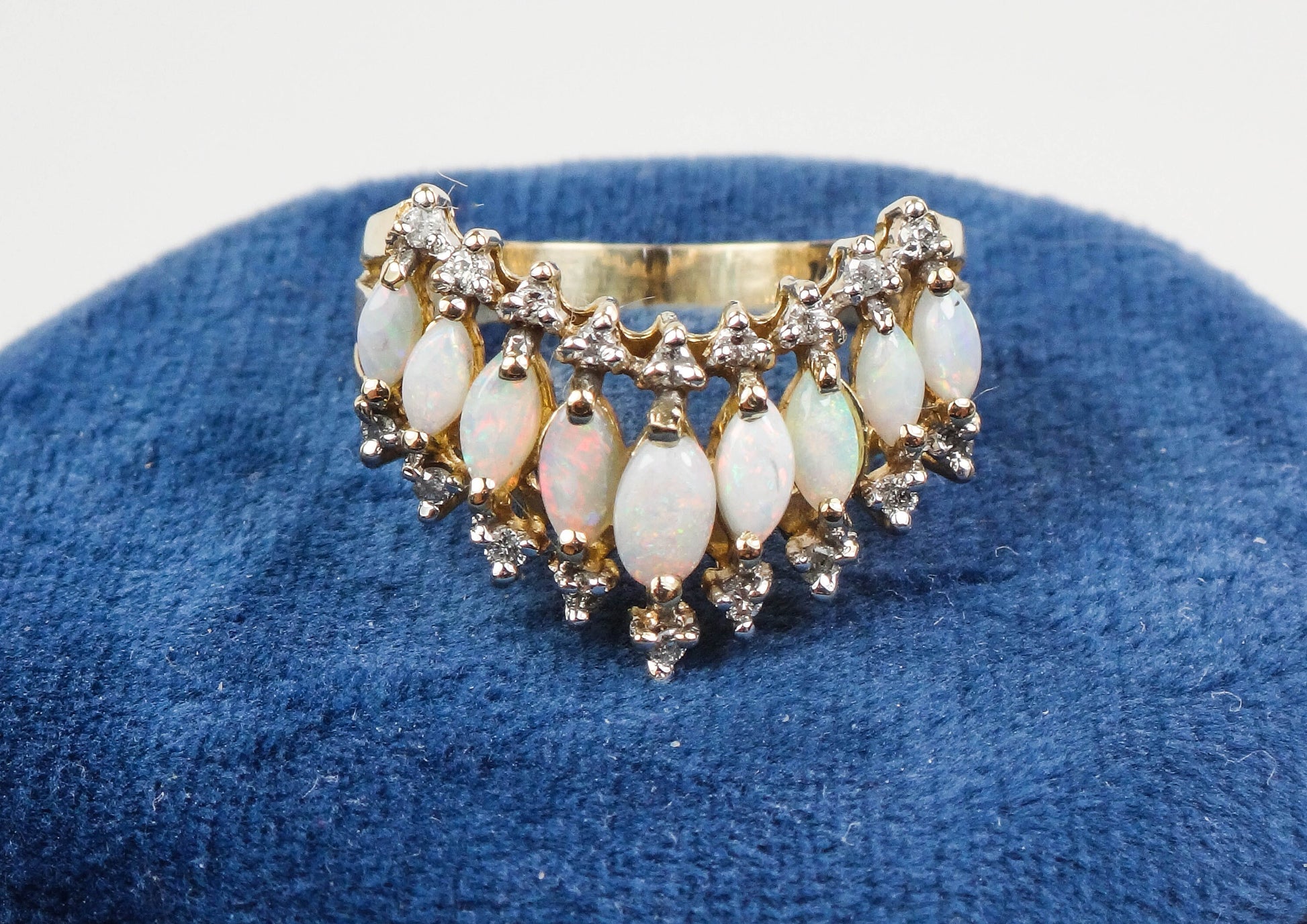 Vintage 14k Yellow Gold Opal Diamond V Ring, Size 8.5