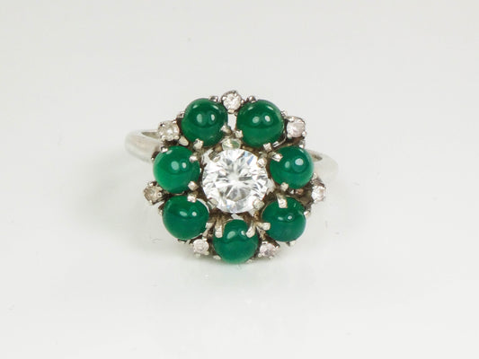 Vintage Sterling Silver Deep Green Glass and White Sapphire Ring, Imitation Emerald and Diamond Dinner Ring Size 6.75
