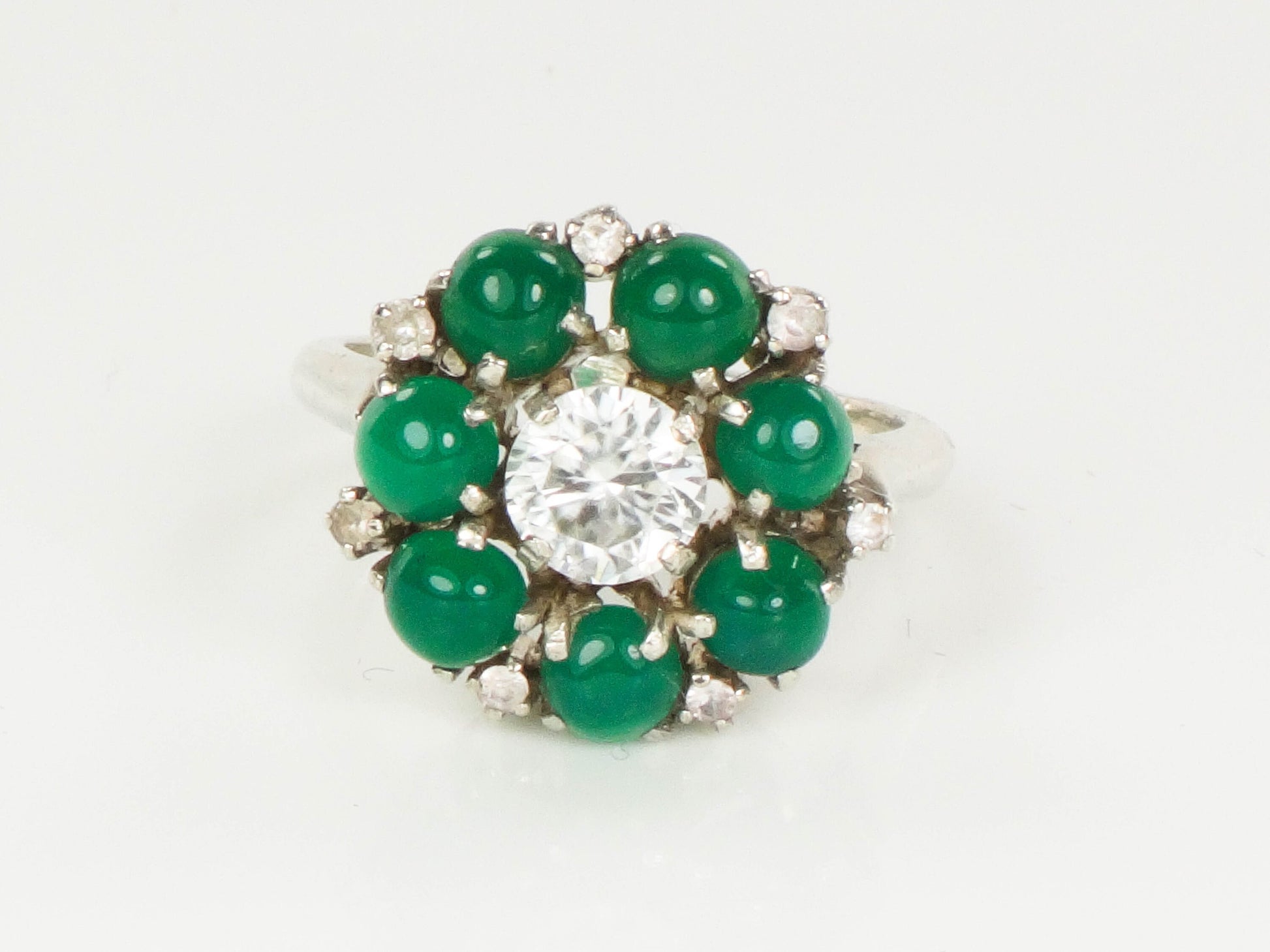 Vintage Sterling Silver Deep Green Glass and White Sapphire Ring, Imitation Emerald and Diamond Dinner Ring Size 6.75
