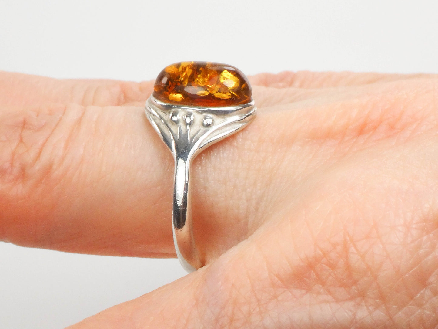 Vintage Sterling Silver Amber Ring: Art Nouveau Style, Size 8.5