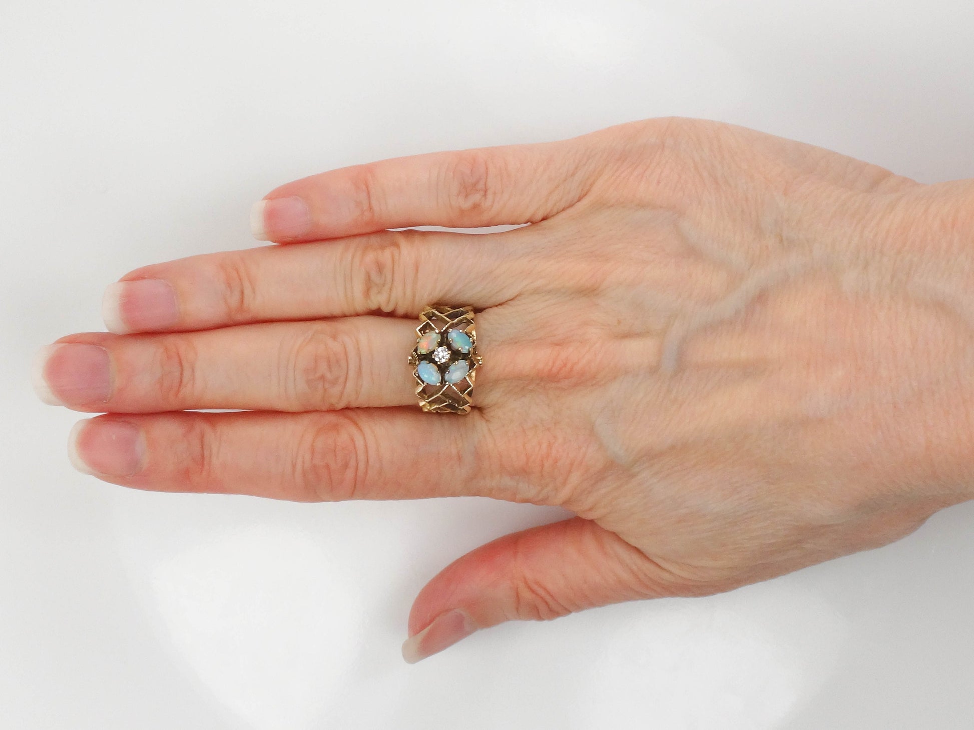 Vintage 14k Yellow Gold Natural Opals and Diamond Flower Ring, October Birthstone Ring, Size 7