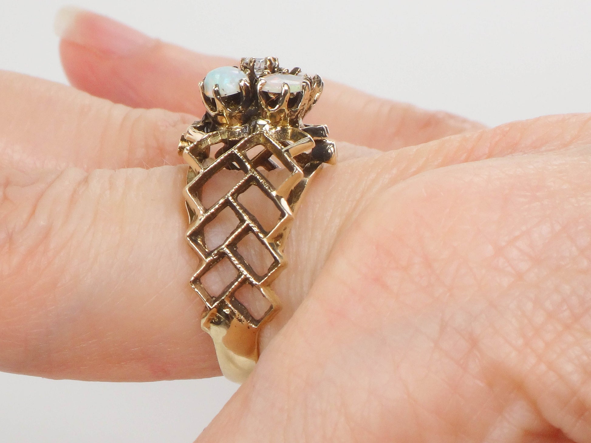Vintage 14k Yellow Gold Natural Opals and Diamond Flower Ring, October Birthstone Ring, Size 7