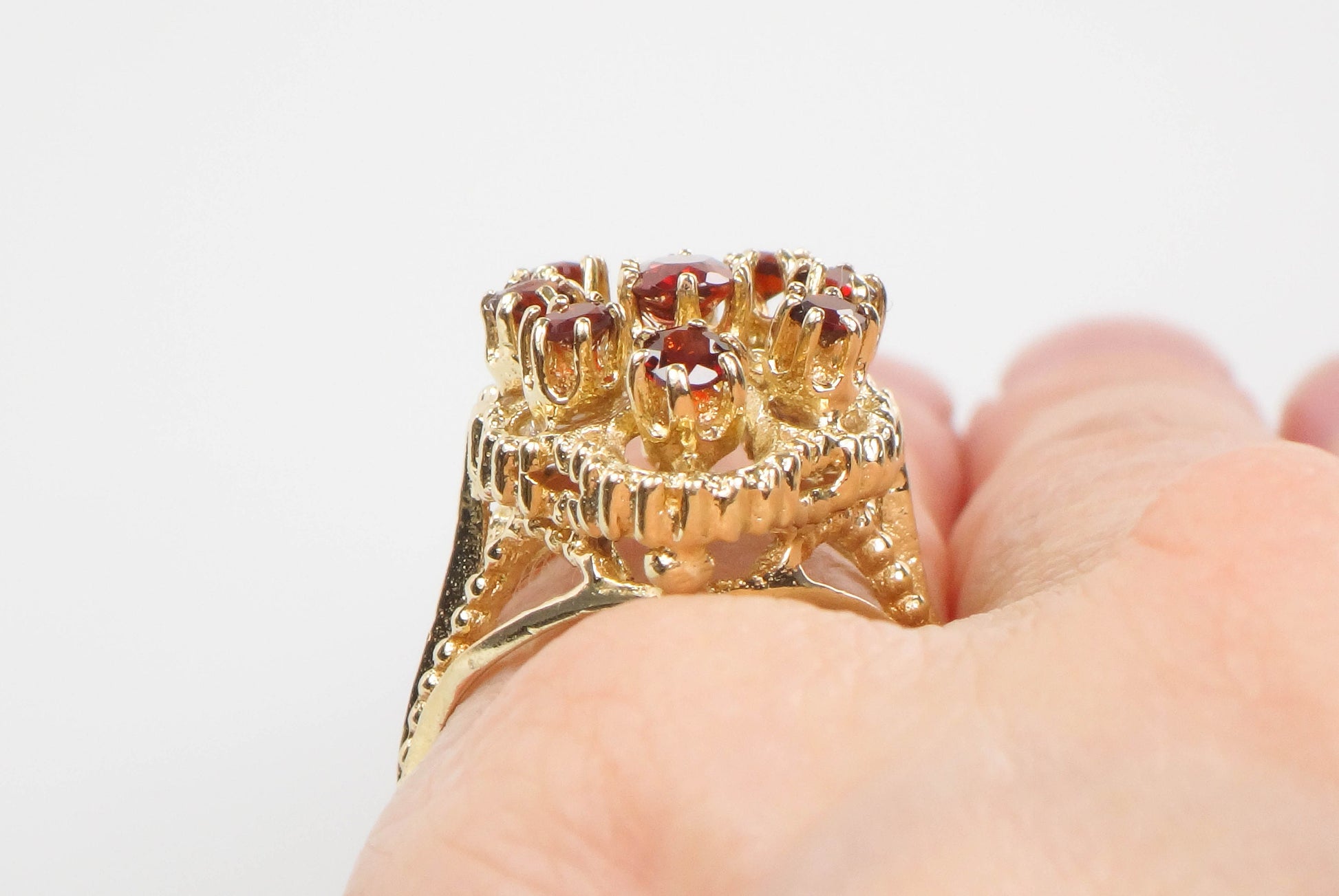 Vintage 14k Yellow Gold Large Garnet Cluster Ring - January Red Birthstone Ring - Size 7.25