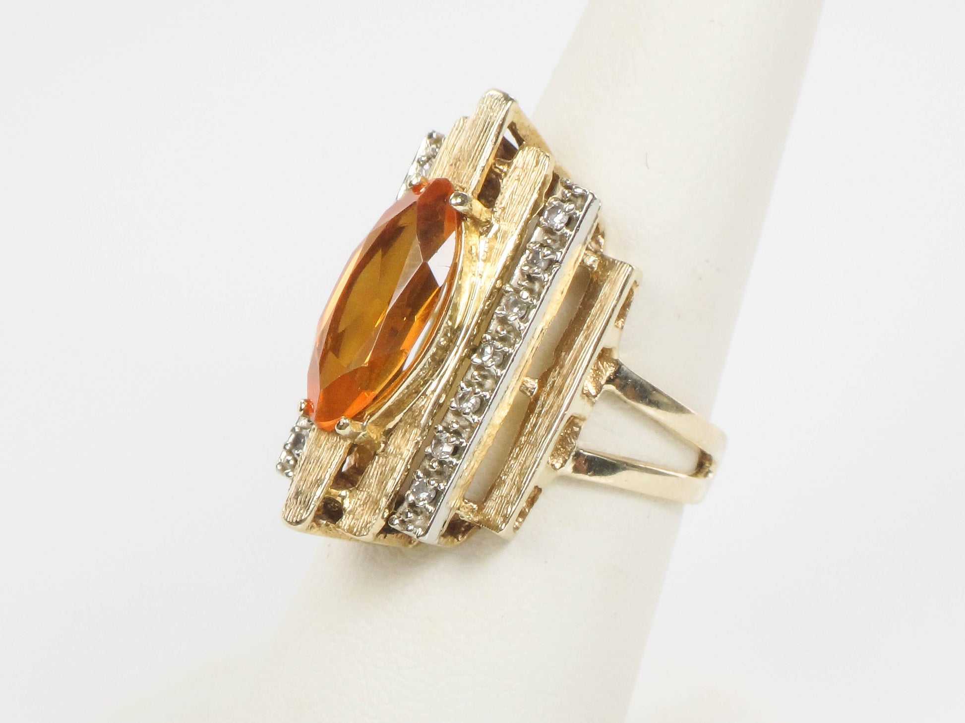 Vintage 14k Marquise Cut Yellow Sapphire and Diamond Ring - Modern Style Ring - Size 7.25