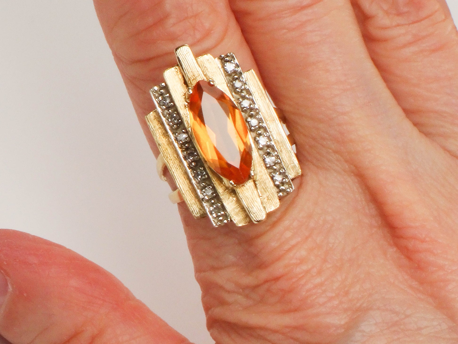 Vintage 14k Marquise Cut Yellow Sapphire and Diamond Ring - Modern Style Ring - Size 7.25