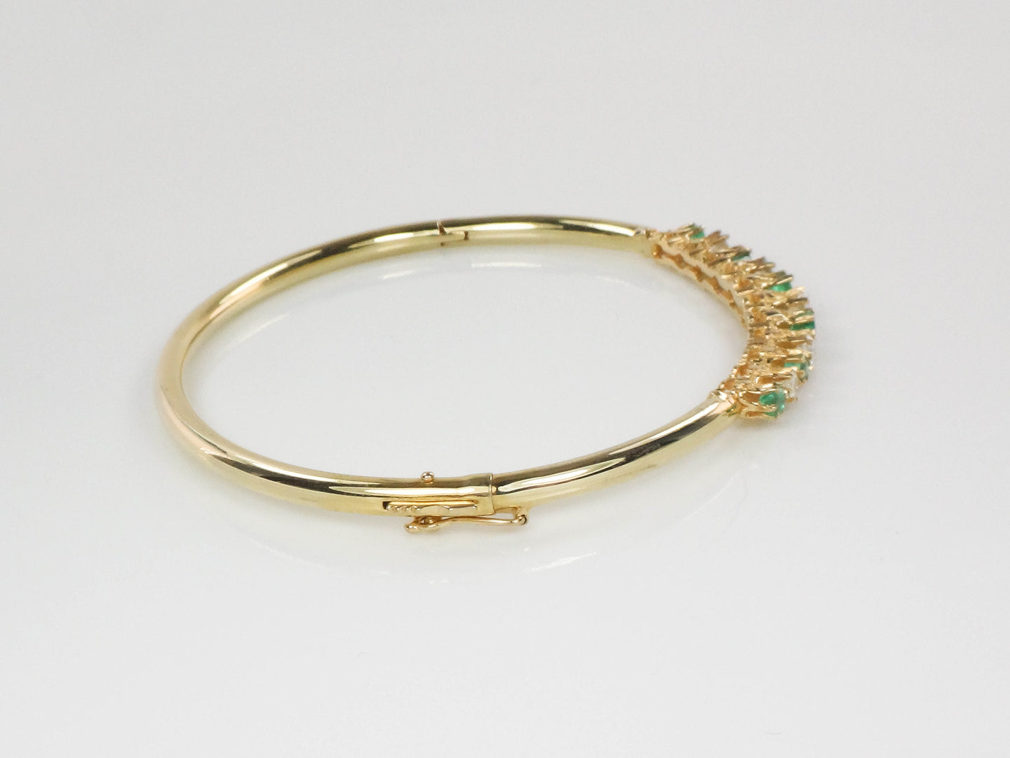 Vintage 14k Yellow Gold Natural Emerald and Diamond Bangle Bracelet - Bridal Bracelet - Small Size 6.75"