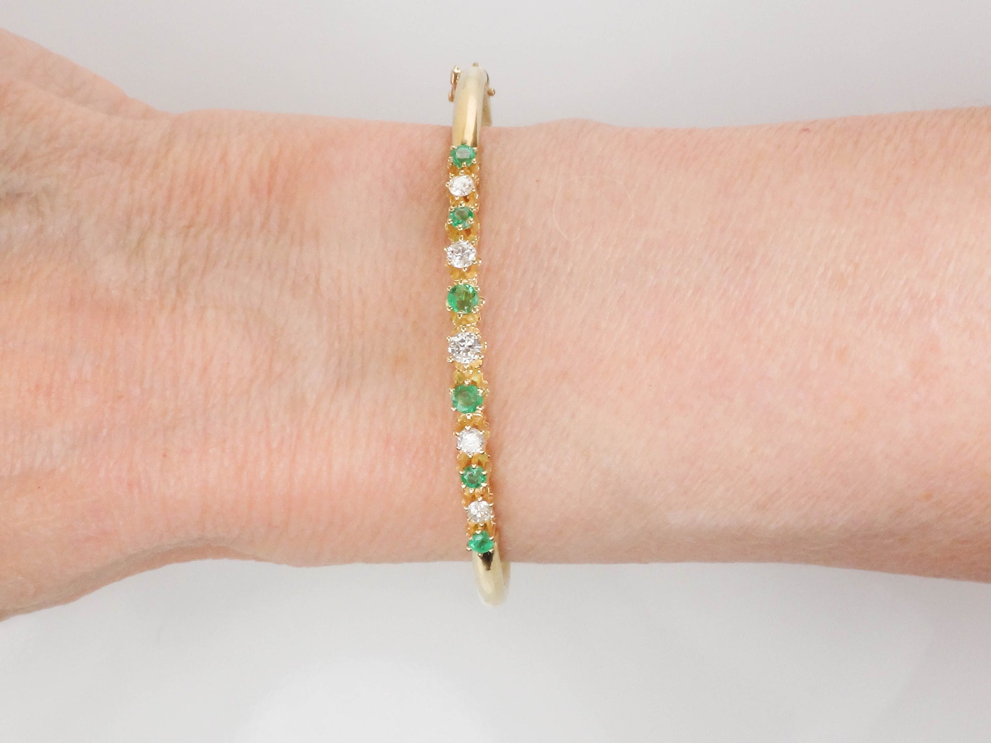 Vintage 14k Yellow Gold Natural Emerald and Diamond Bangle Bracelet - Bridal Bracelet - Small Size 6.75"