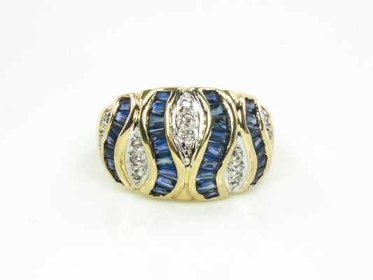 Vintage 14k Yellow Gold Natural Blue Sapphire & Diamond Ring September Birthstone Ribbon Style Ring Size 6.5