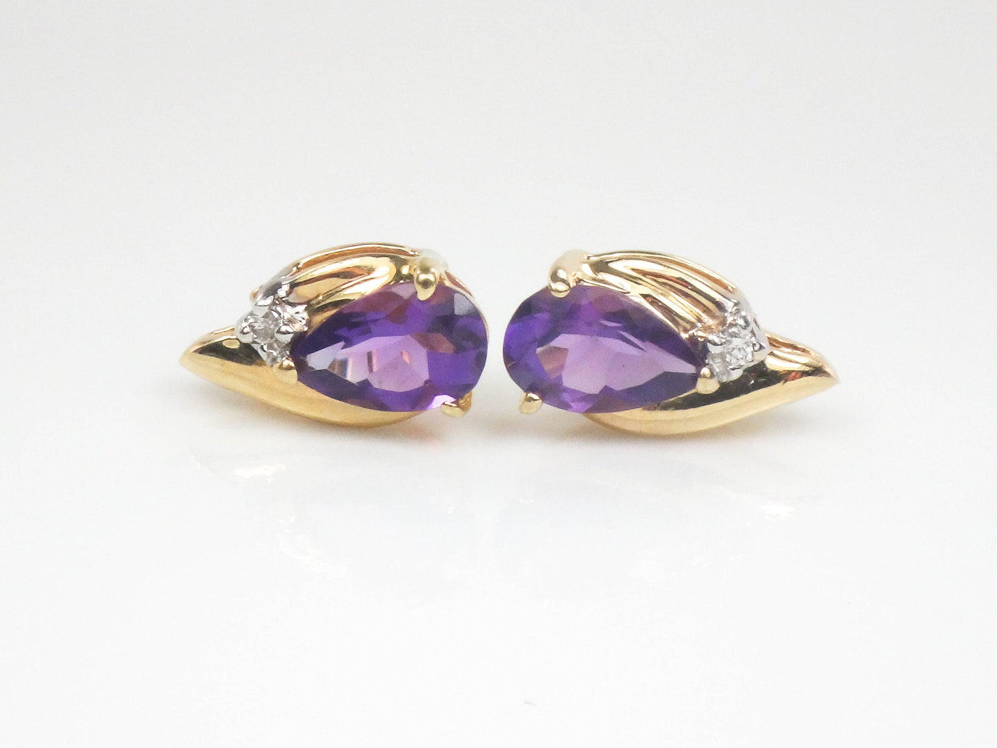 Vintage 14k Gold Amethyst Diamond Teardrop Stud Earrings