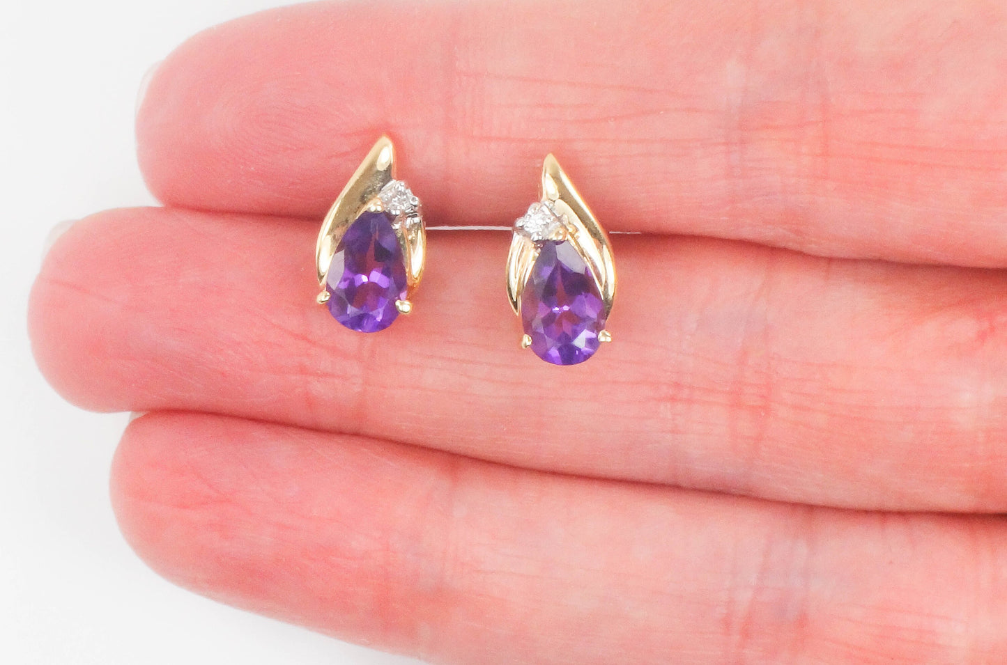 Vintage 14k Gold Amethyst Diamond Teardrop Stud Earrings