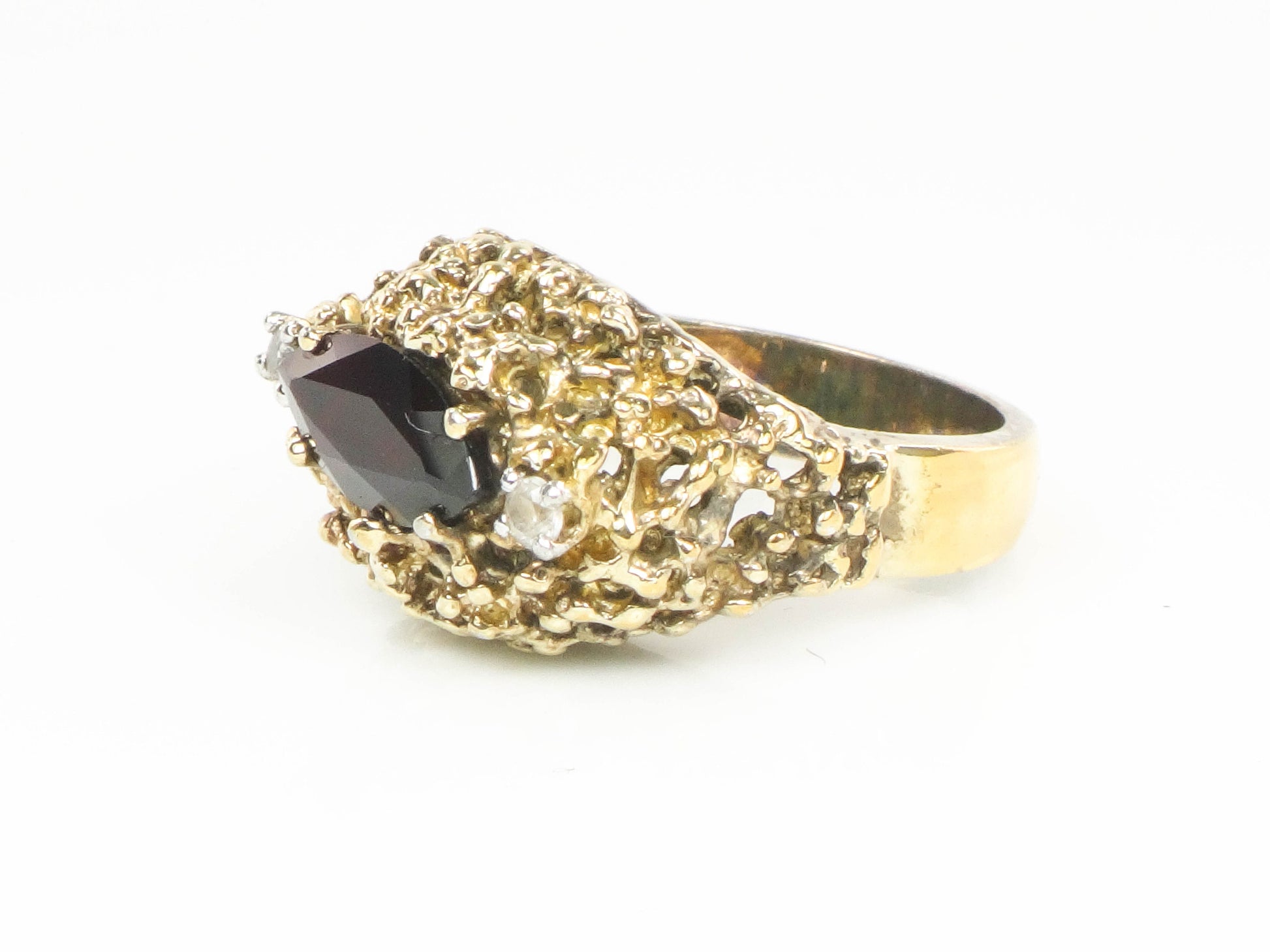 Vintage Gilt Sterling Silver Modern Brutalist Garnet and White Topaz Ring Size 6.75