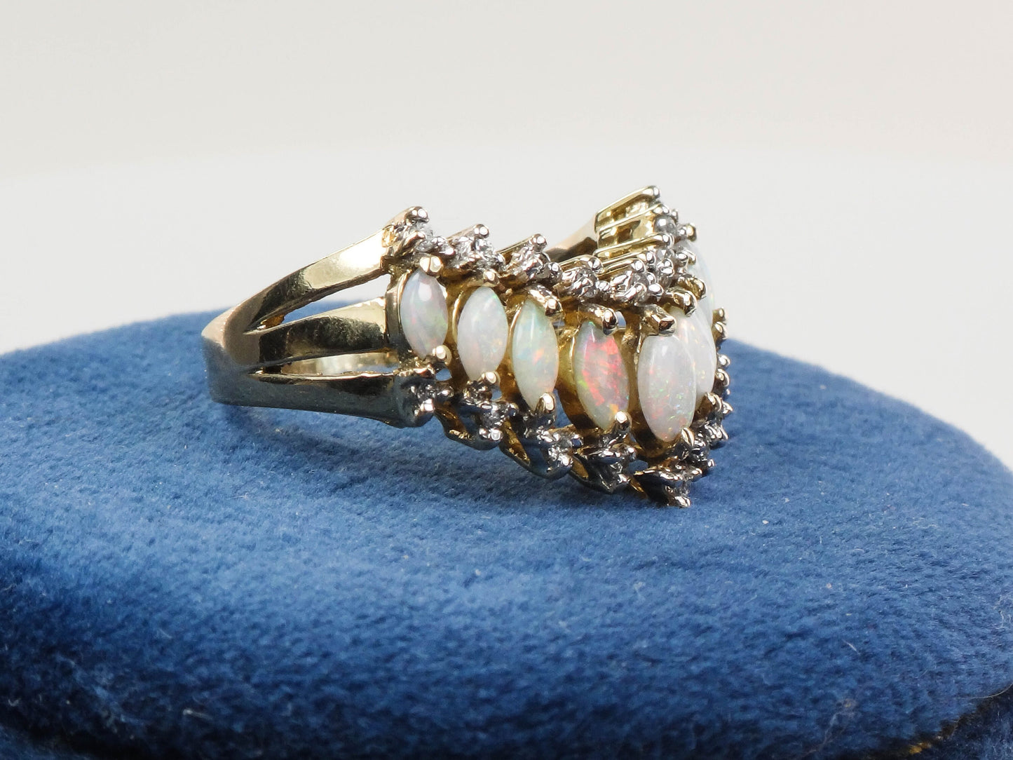 Vintage 14k Yellow Gold Opal Diamond V Ring, Size 8.5