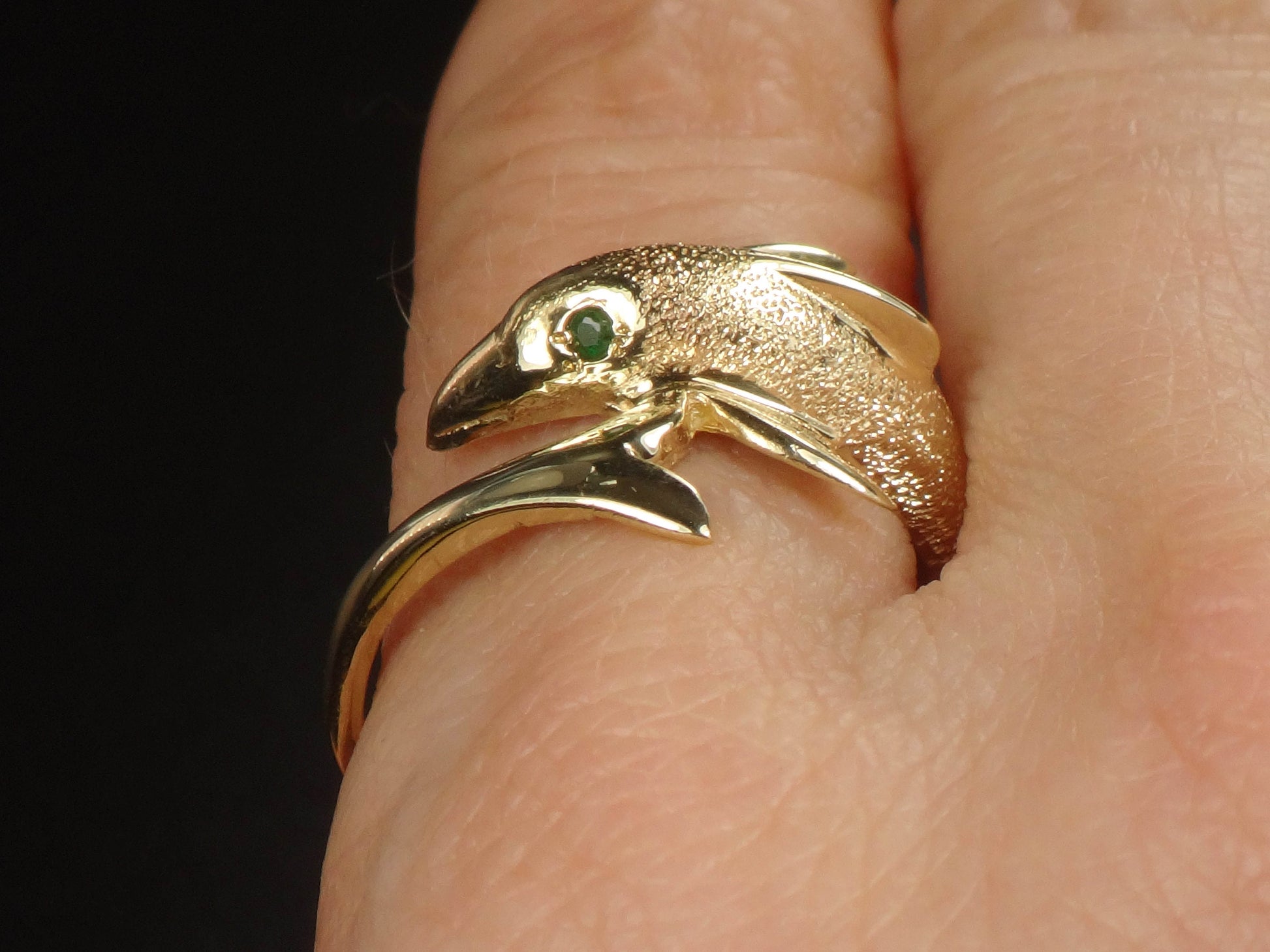 Vintage 14k Yellow Gold Dolphin Ring: Emerald Eyes, Nautical Jewelry, Size 8.5