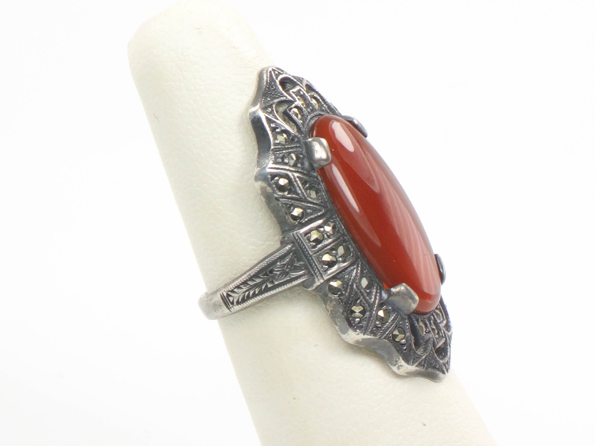 Vintage Uncas Art Deco Sterling Silver Carnelian and Marcasite Ring Size 5.5