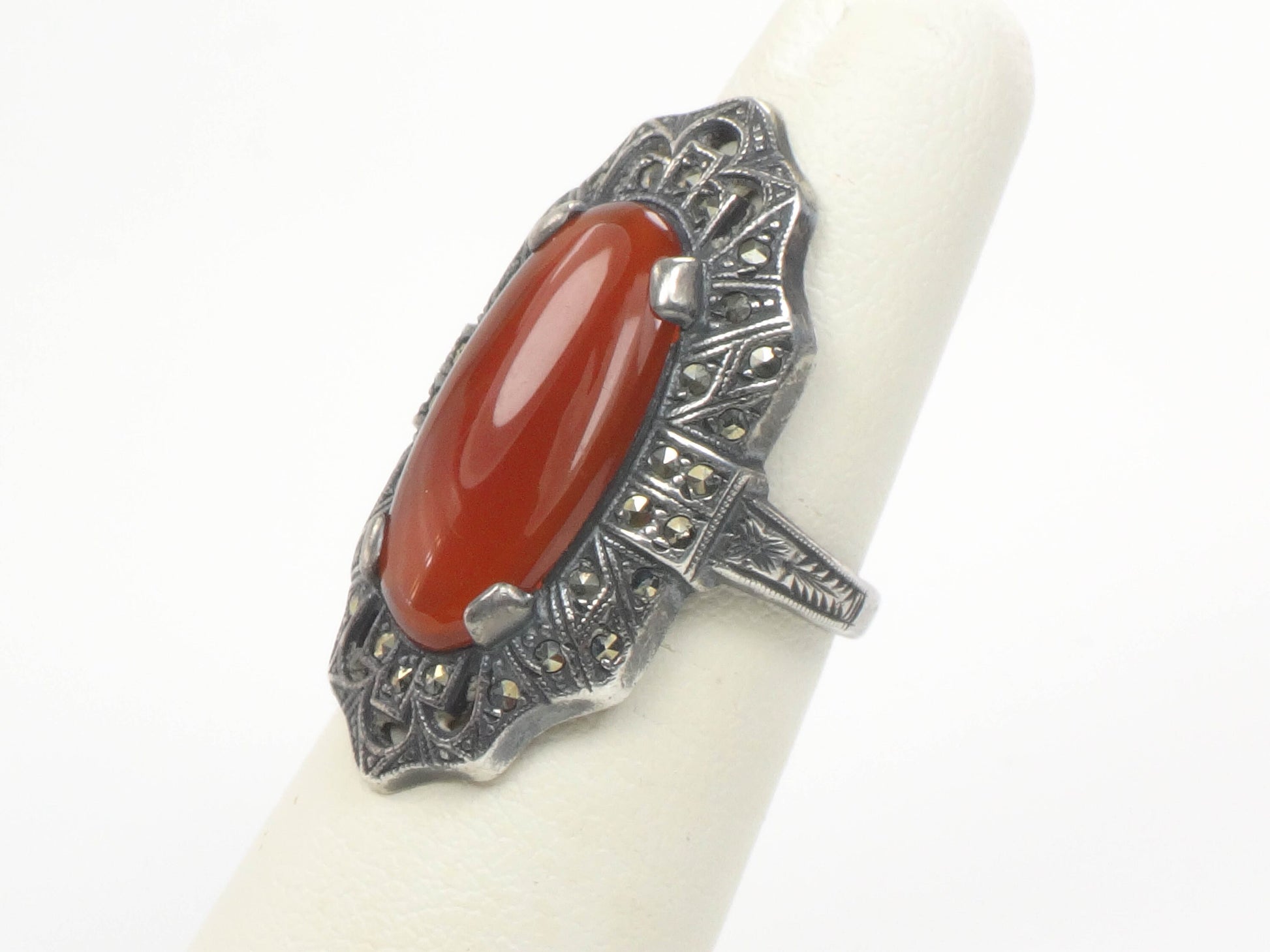 Vintage Uncas Art Deco Sterling Silver Carnelian and Marcasite Ring Size 5.5