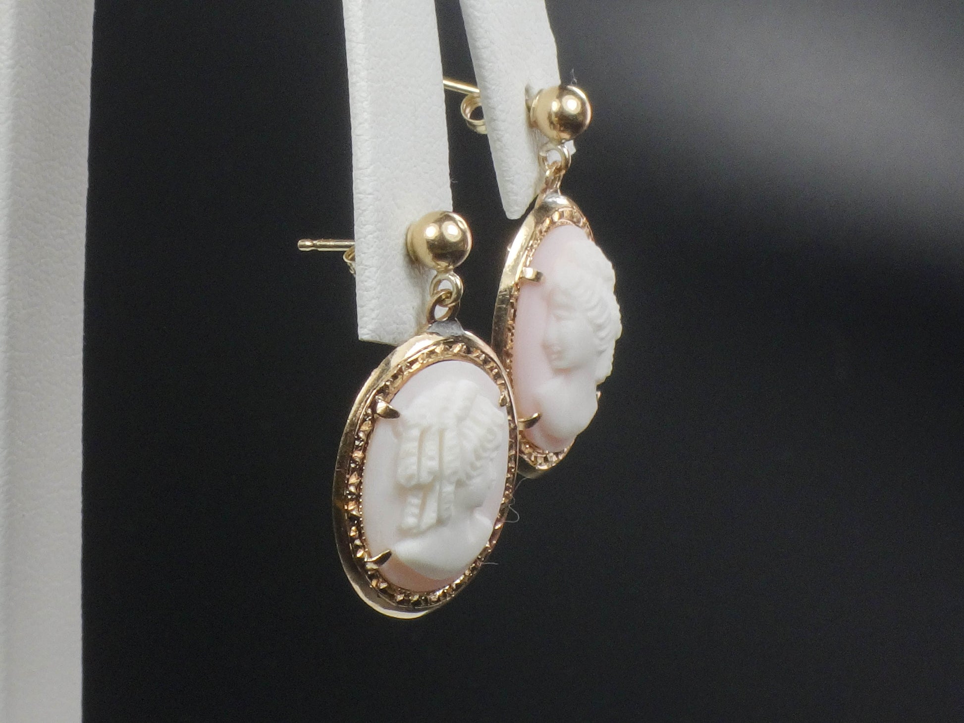 Vintage 14k Yellow Gold Shell Cameo Dangle Earrings with Post Backs