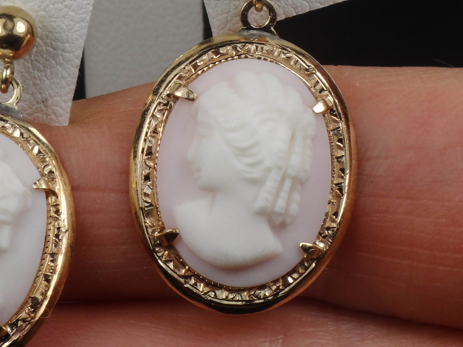 Vintage 14k Yellow Gold Shell Cameo Dangle Earrings with Post Backs