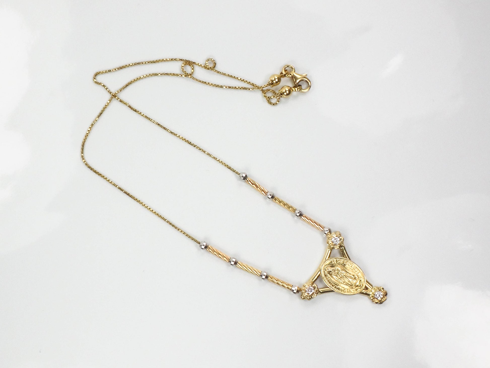 Vintage 14k Two Tone Gold NSD Guadalupe de Mexico 1804 Necklace with CZ Stones 16" Italian Gold