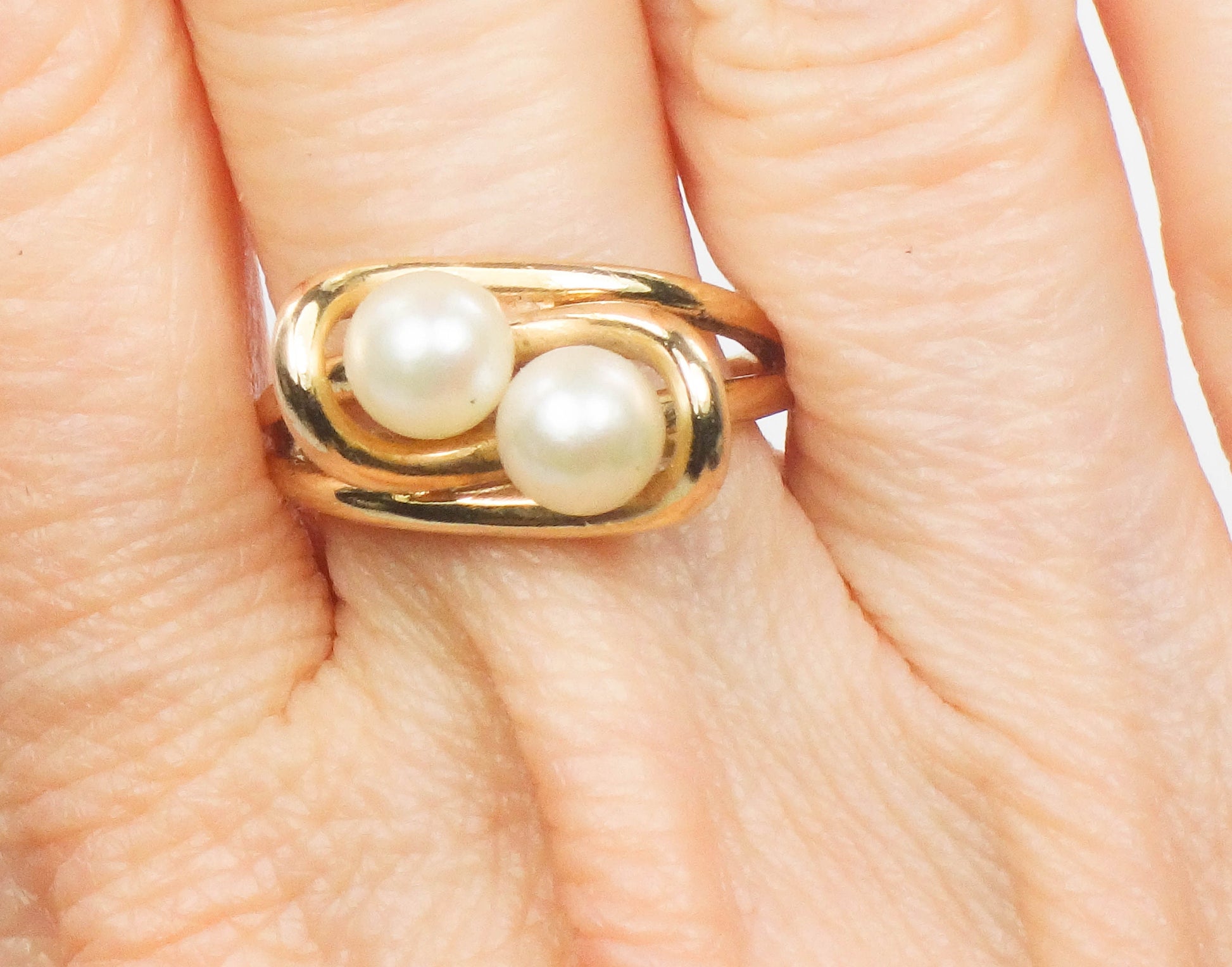 Vintage 14k Yellow Gold Pearl Ring: Moi et Toi Style, Size 6.75