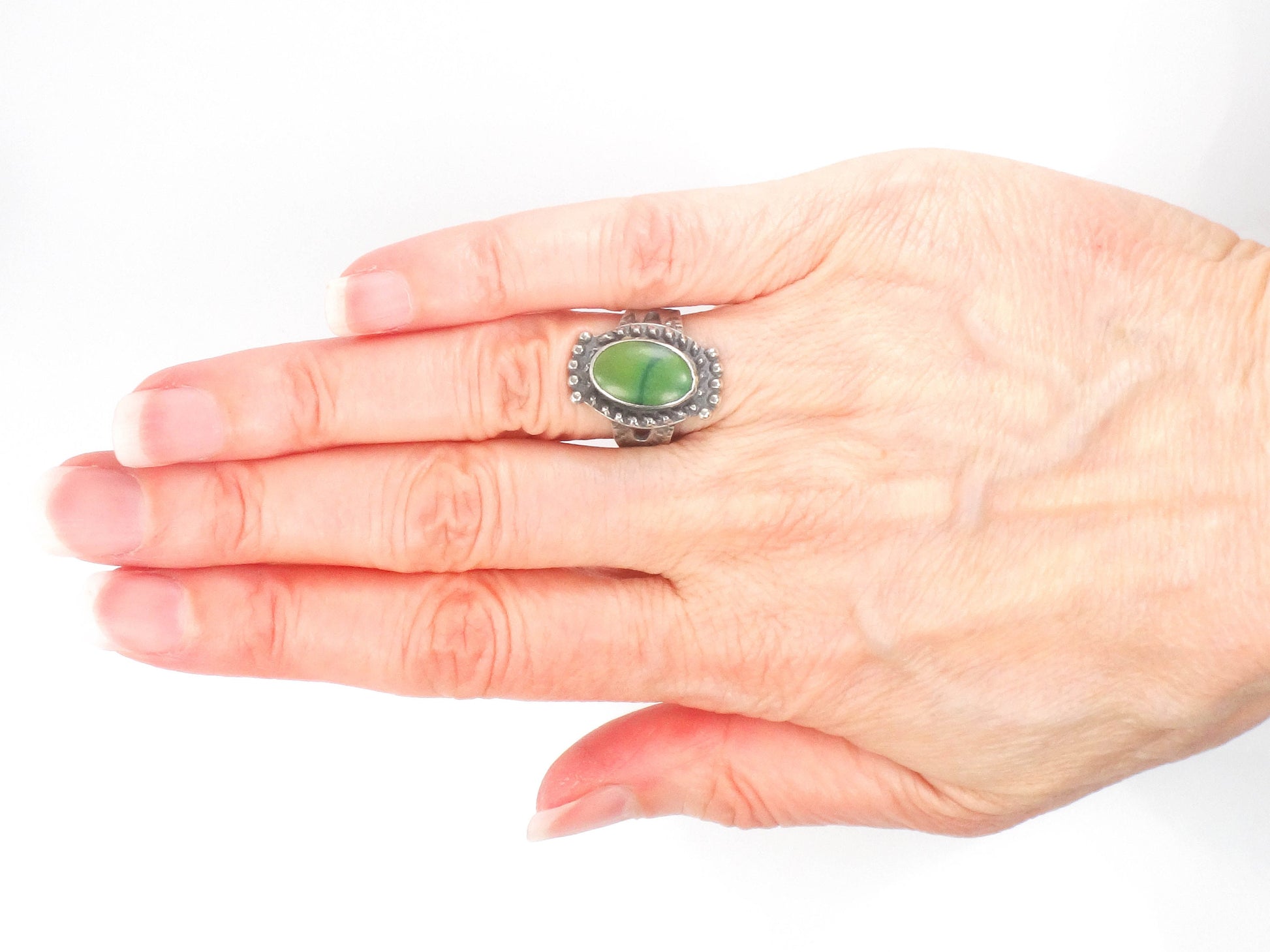 Vintage Green Turquoise Sterling Silver Ring - Native American Style, Size 6.5