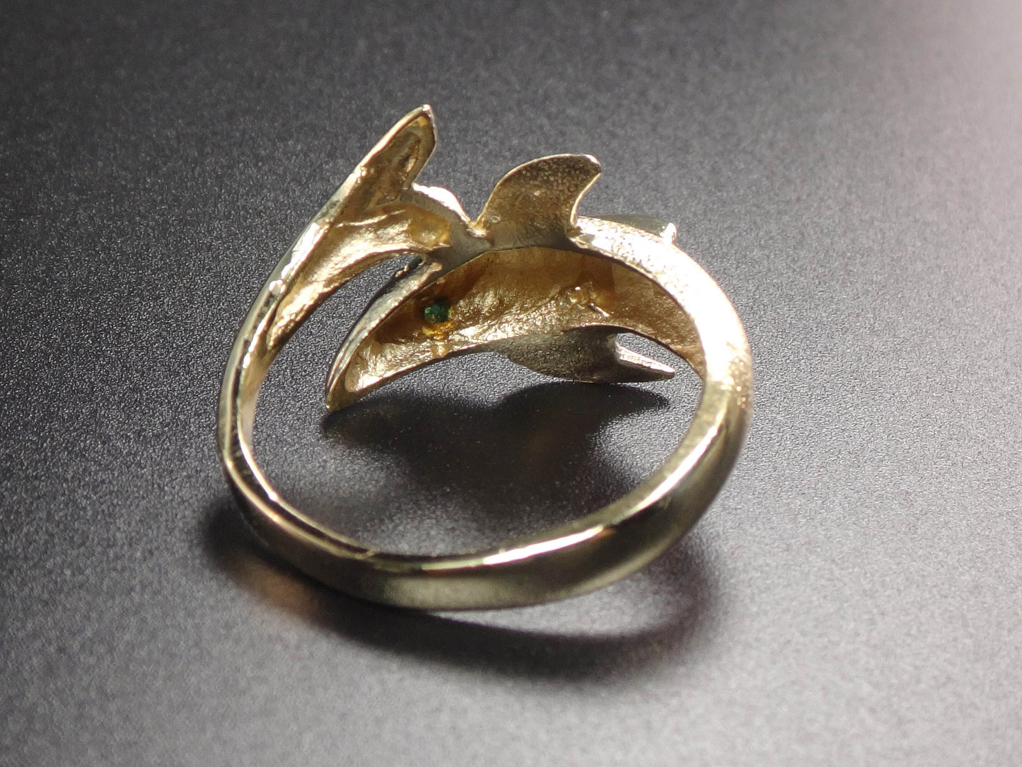 Vintage 14k Yellow Gold Dolphin Ring: Emerald Eyes, Nautical Jewelry, Size 8.5