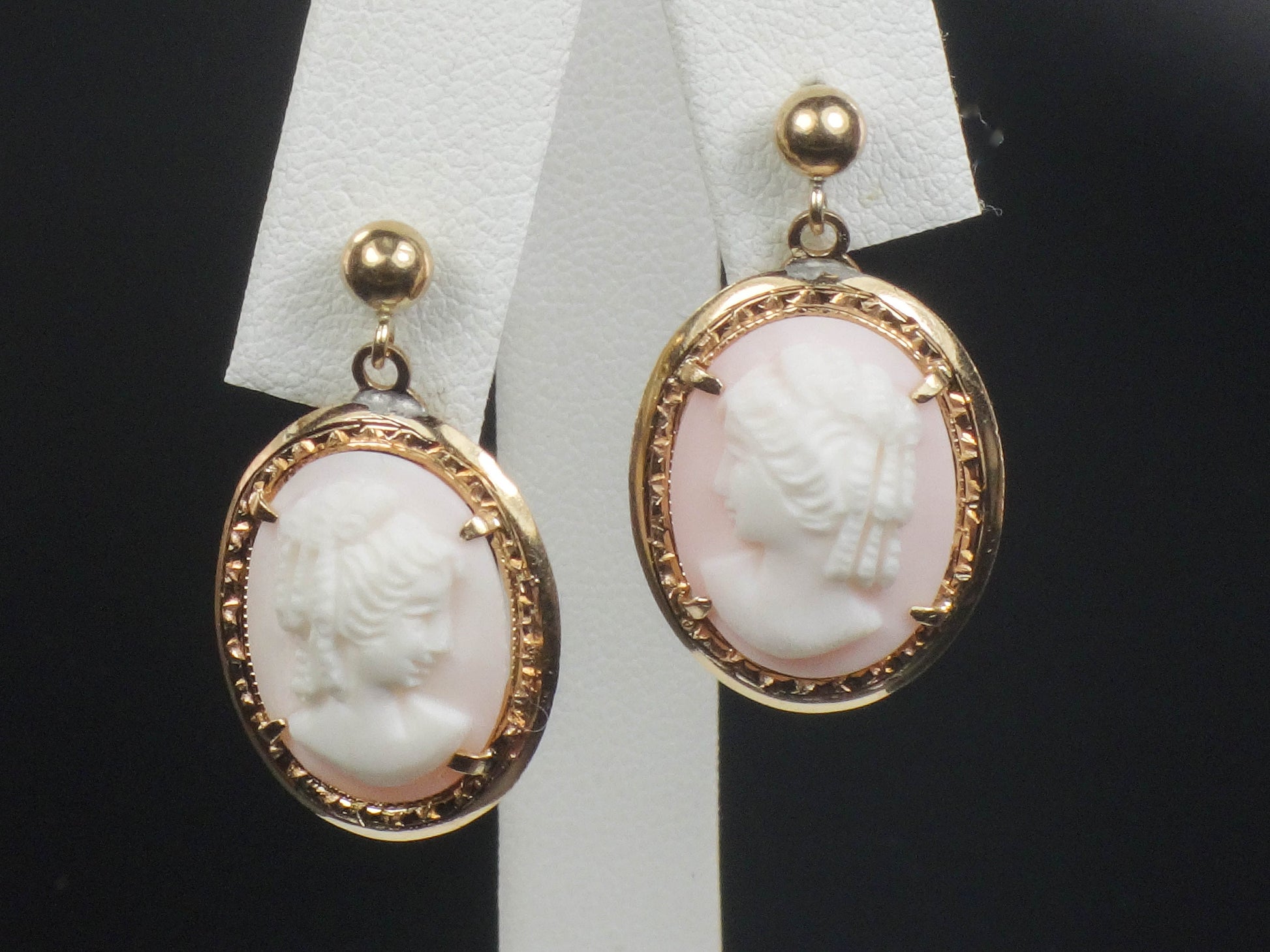 Vintage 14k Yellow Gold Shell Cameo Dangle Earrings with Post Backs