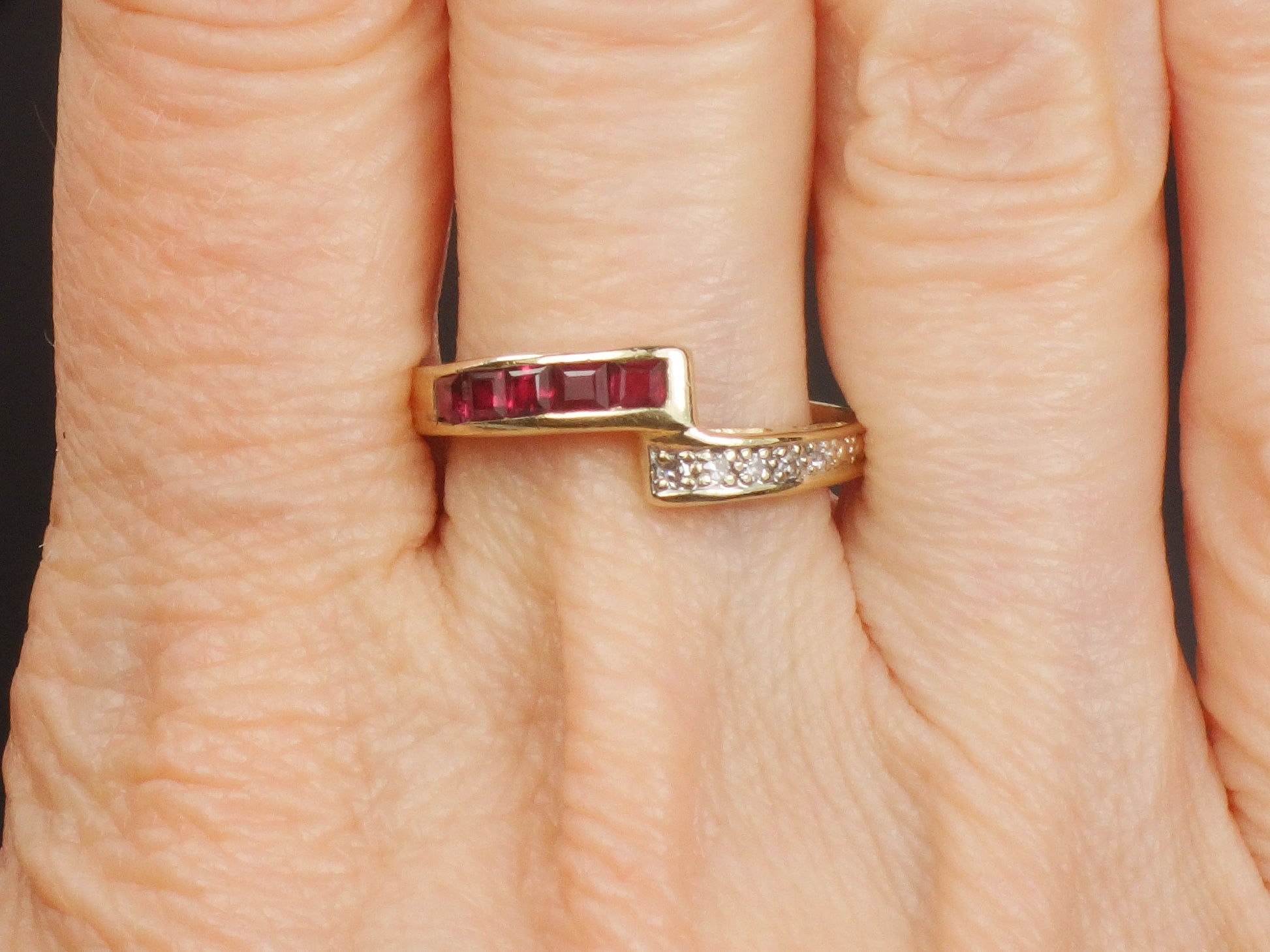 Vintage 14k Yellow Gold Ruby and Diamond Ring Crossover Style Ring Size 7.75