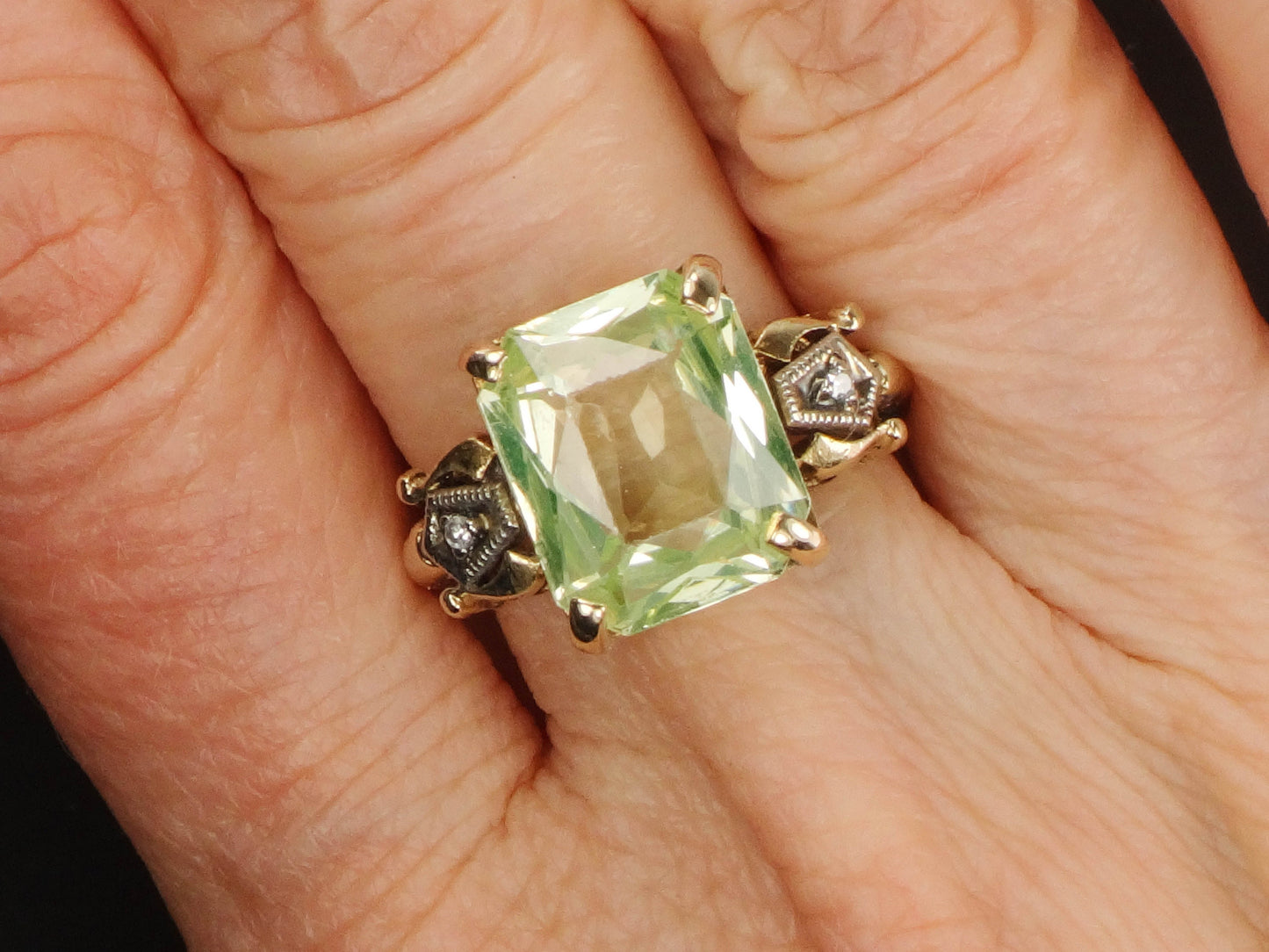 Vintage 14k Gold Green Spinel and Diamond Ring, Green Rectangle Cut August Birthstone Ring, Size 6