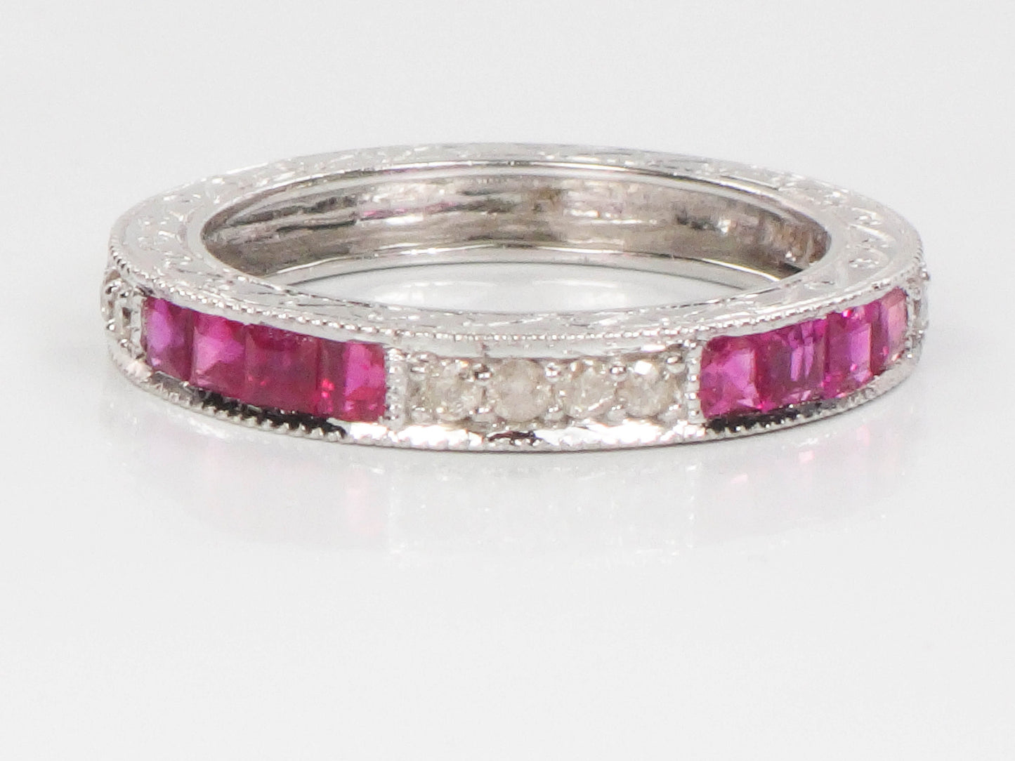Vintage 14k White Gold Diamond Ruby Ring: Art Deco Style Stacking Band (Size 6.5)