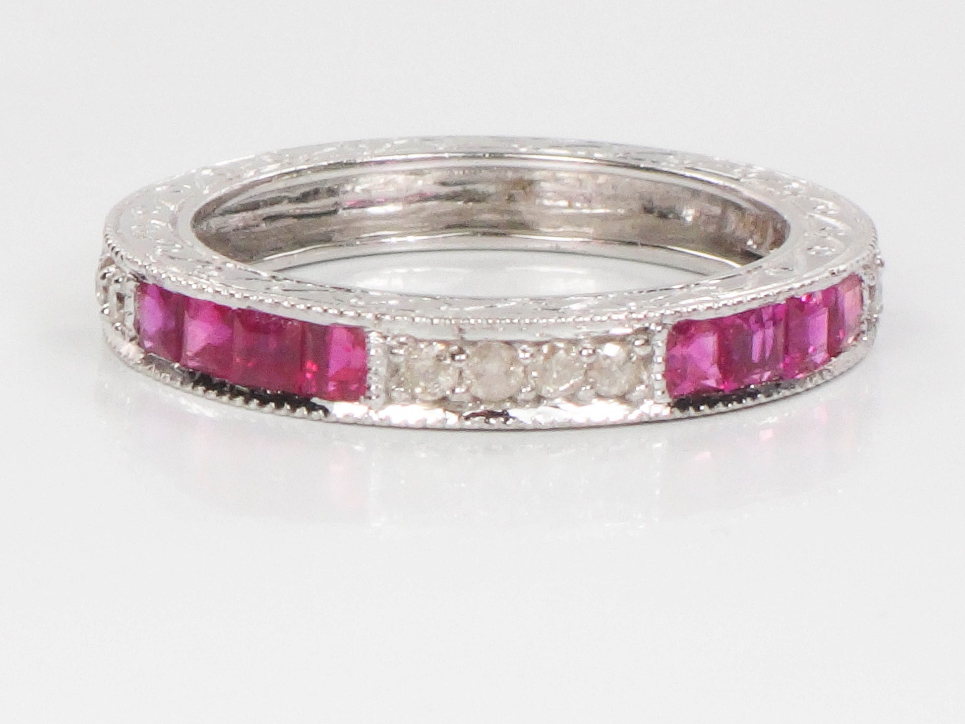 Vintage 14k White Gold Diamond Ruby Ring: Art Deco Style Stacking Band (Size 6.5)