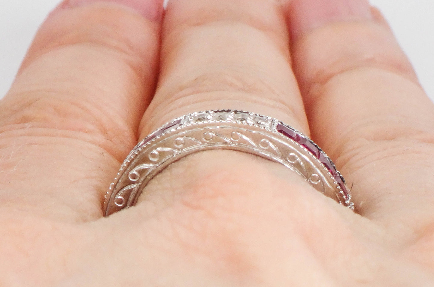 Vintage 14k White Gold Diamond Ruby Ring: Art Deco Style Stacking Band (Size 6.5)