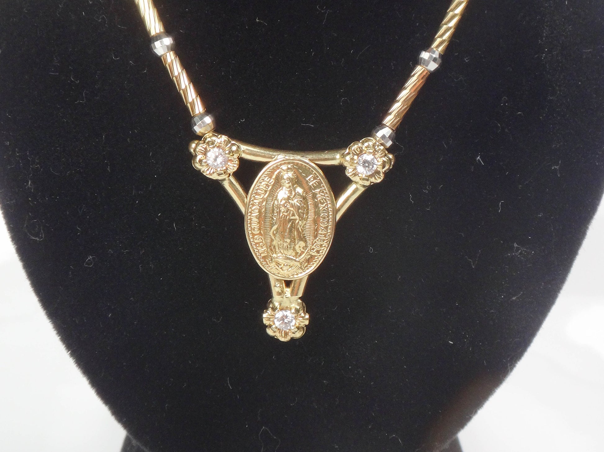 Vintage 14k Two Tone Gold NSD Guadalupe de Mexico 1804 Necklace with CZ Stones 16" Italian Gold