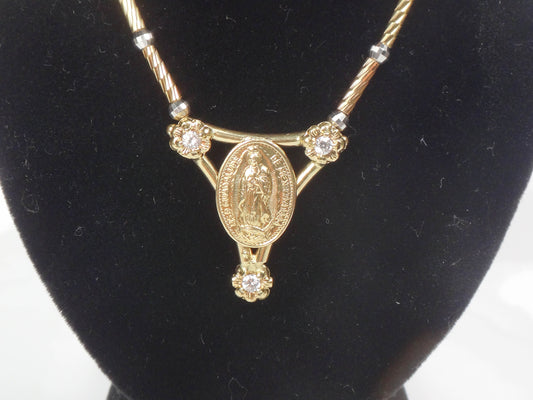 Vintage 14k Two Tone Gold NSD Guadalupe de Mexico 1804 Necklace with CZ Stones 16" Italian Gold