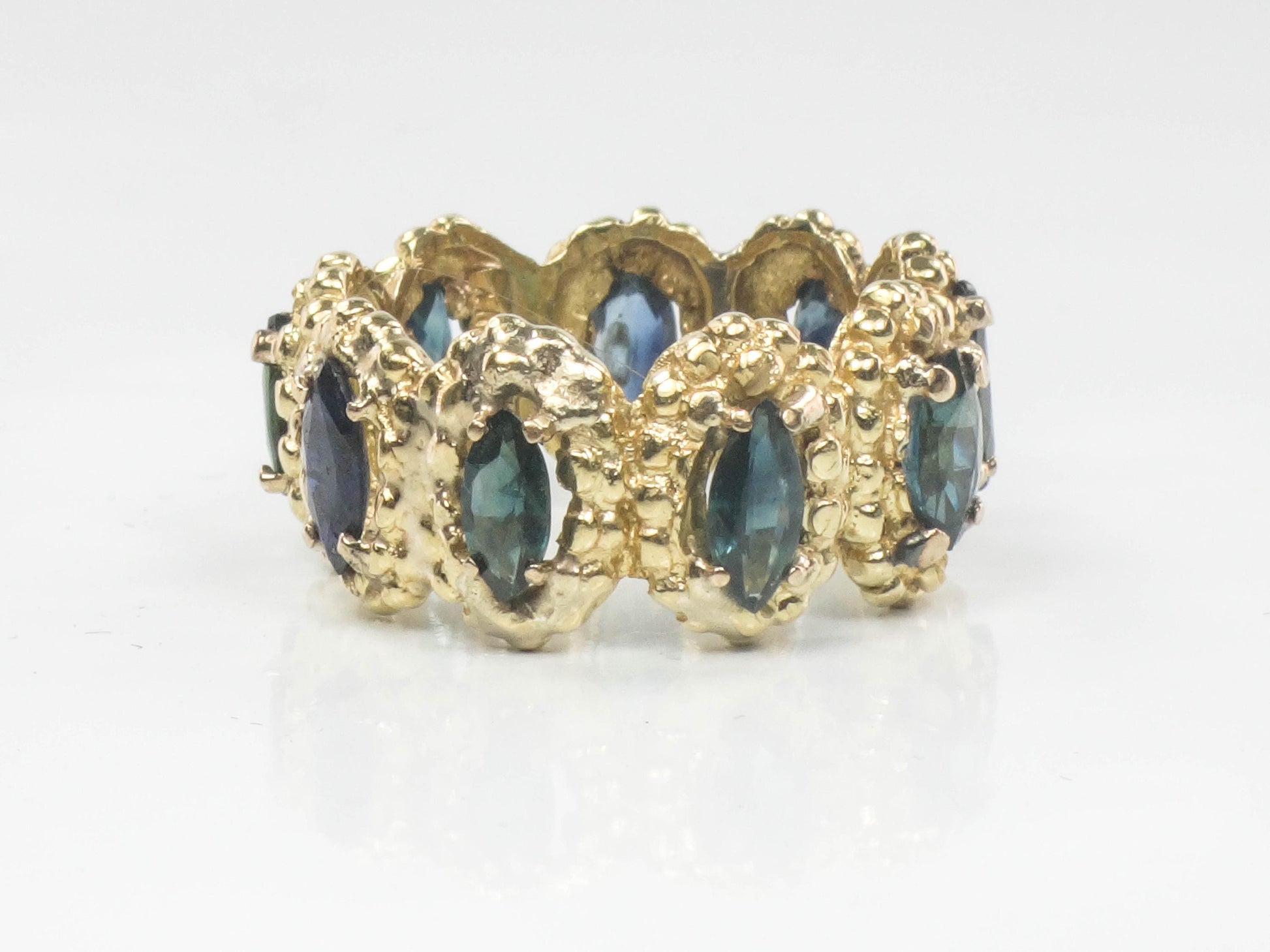 Vintage Wide 18k Yellow Gold Blue Marquise Natural Sapphire Eternity Ring Size 8.25