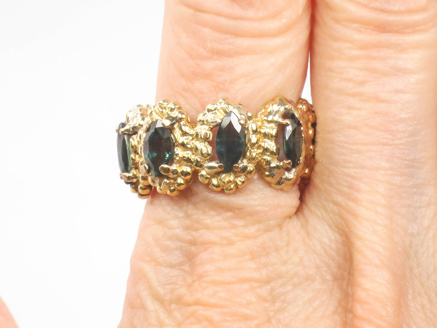 Vintage Wide 18k Yellow Gold Blue Marquise Natural Sapphire Eternity Ring Size 8.25