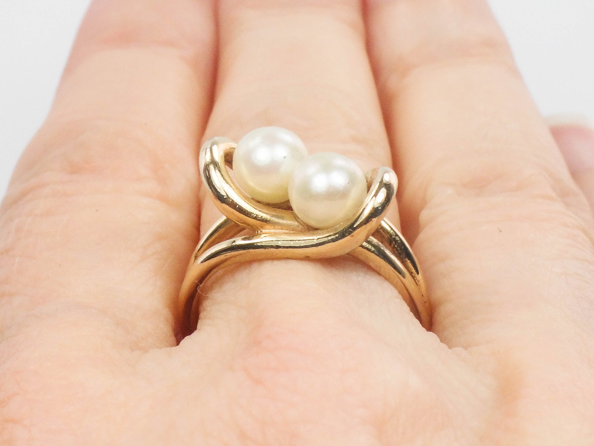 Vintage 14k Yellow Gold Pearl Ring: Moi et Toi Style, Size 6.75