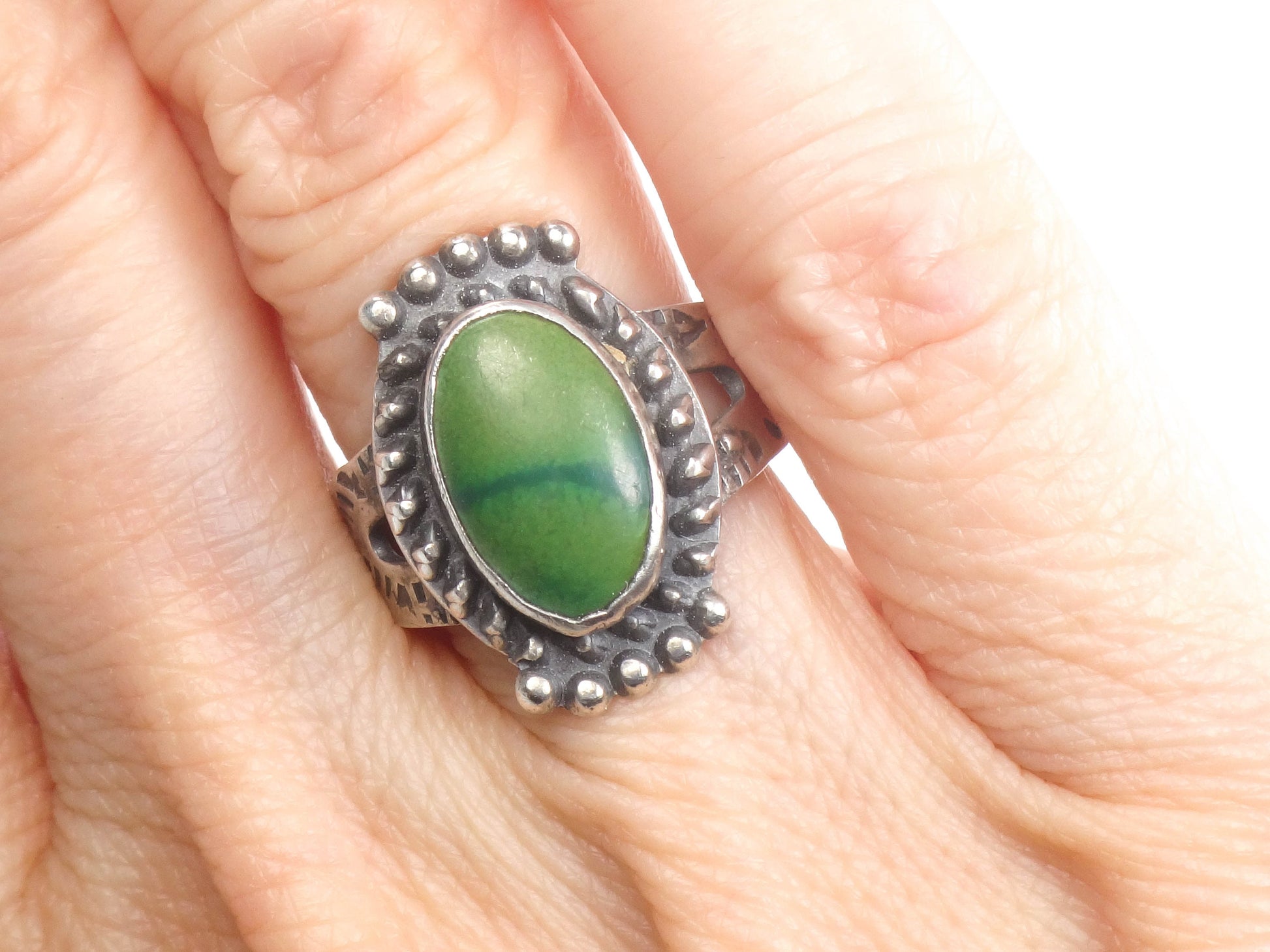 Vintage Green Turquoise Sterling Silver Ring - Native American Style, Size 6.5