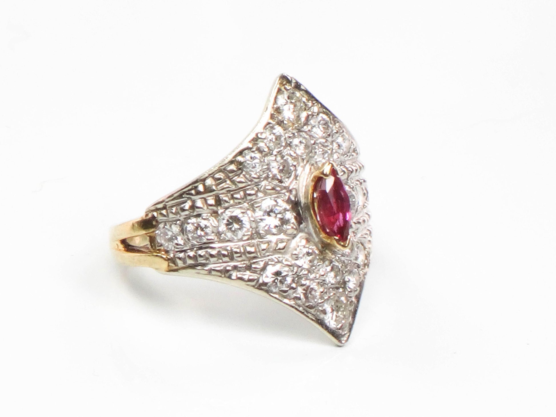 Vintage 14k Two Tone Gold Natural Ruby and Diamond Shield Ring Size 4.5 Cigar Band Style