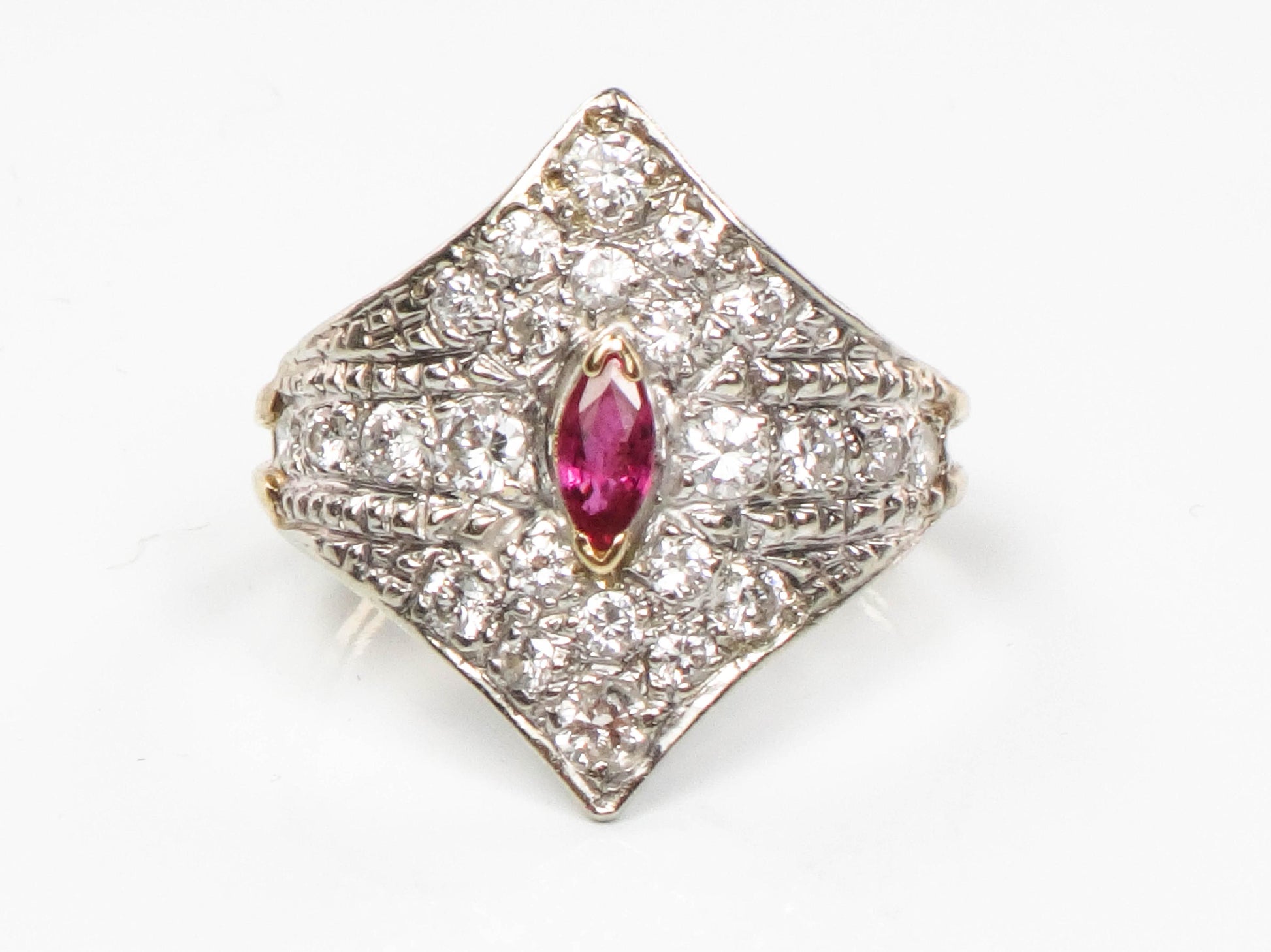 Vintage 14k Two Tone Gold Natural Ruby and Diamond Shield Ring Size 4.5 Cigar Band Style