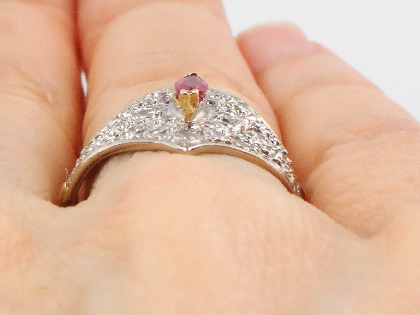 Vintage 14k Two Tone Gold Natural Ruby and Diamond Shield Ring Size 4.5 Cigar Band Style