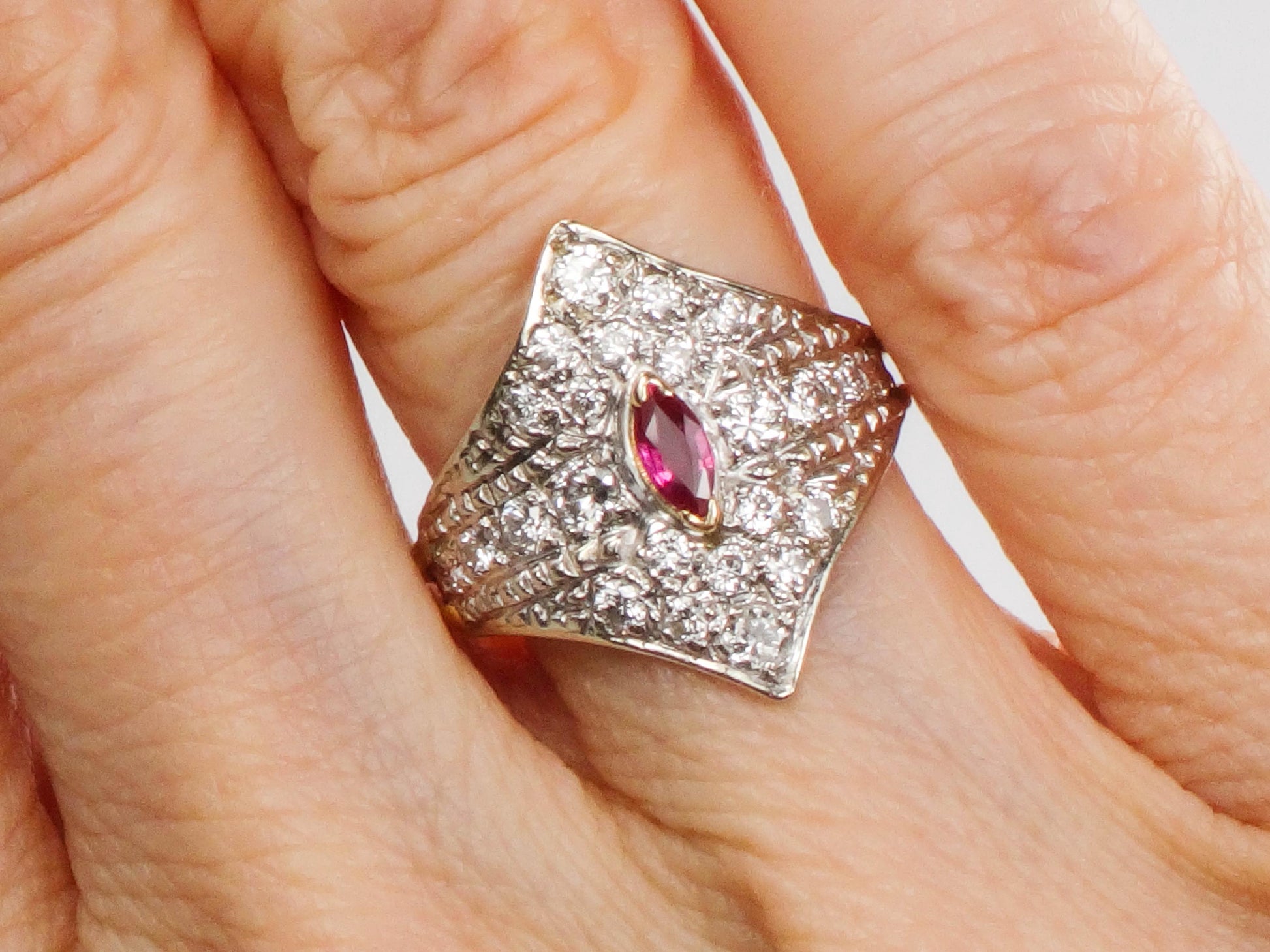 Vintage 14k Two Tone Gold Natural Ruby and Diamond Shield Ring Size 4.5 Cigar Band Style