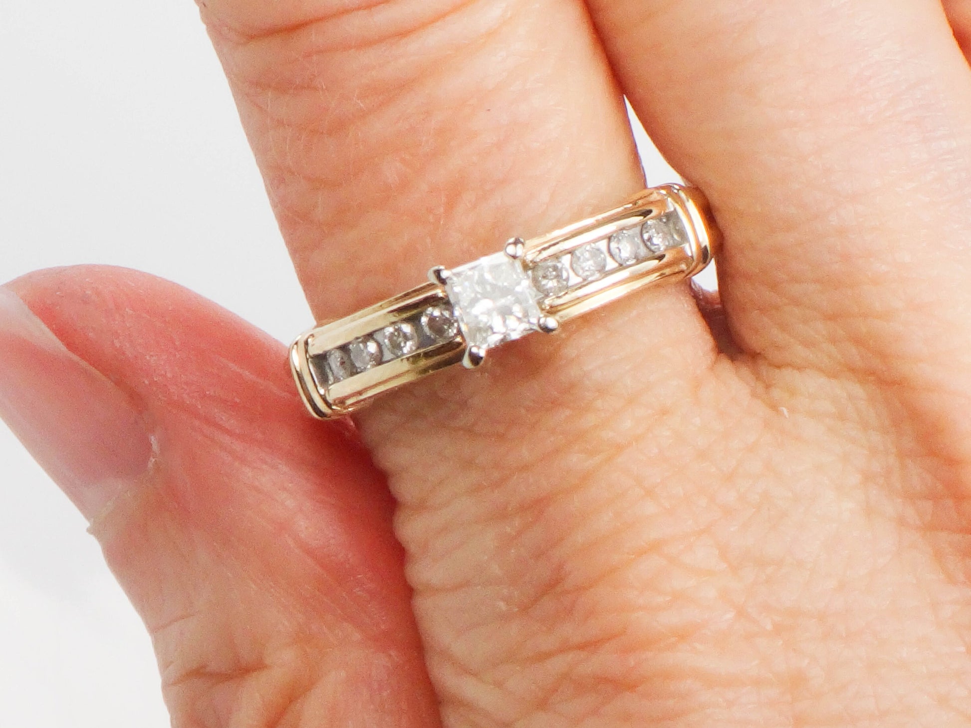 Vintage 14k Gold Princess Cut Natural Diamond Engagement Ring, Size 8.5