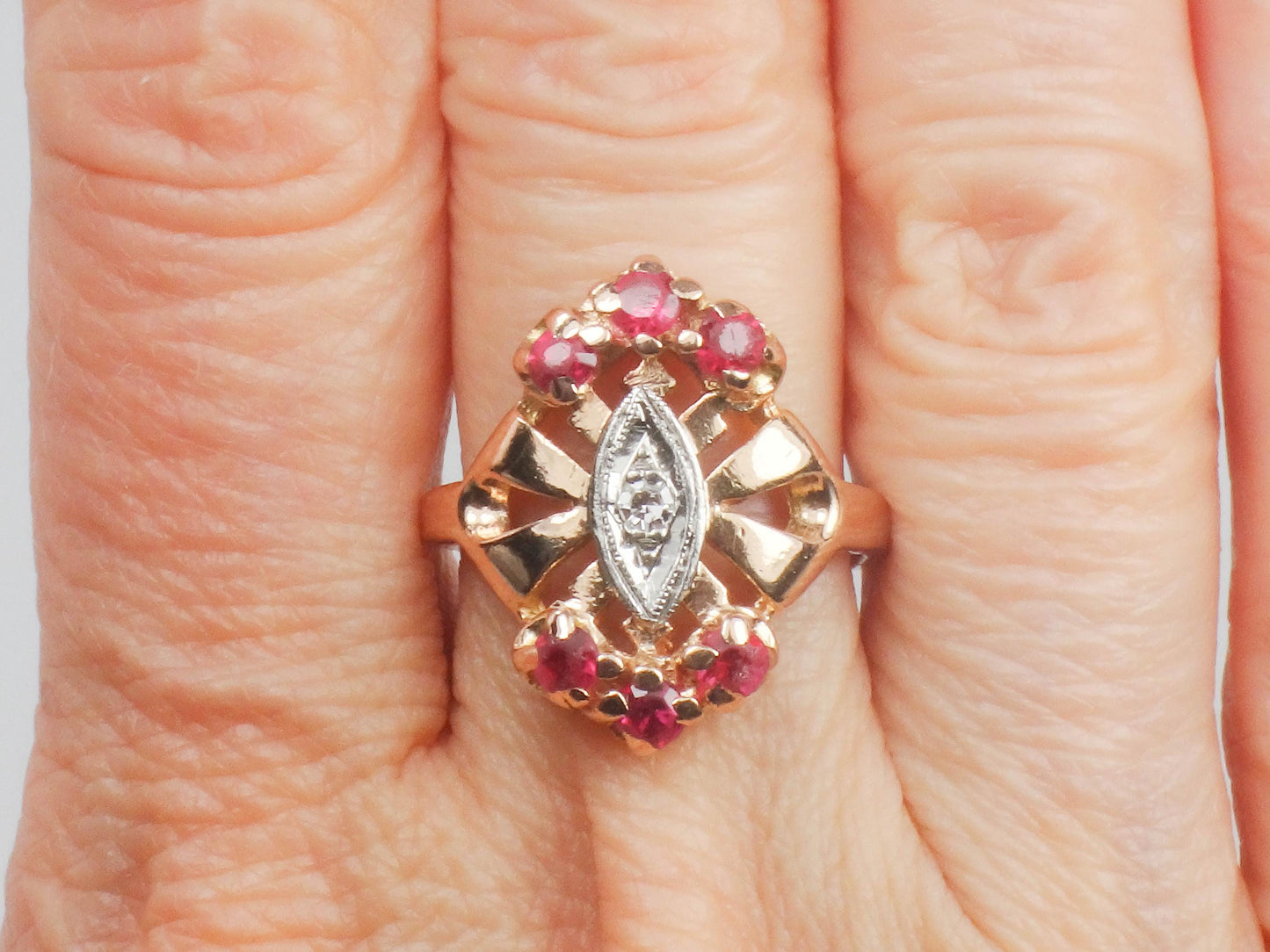 Rose Gold Ruby and Diamond Ring - Retro 1940's 14k July Birthstone Ring - Size 6 - Fine Jewelry