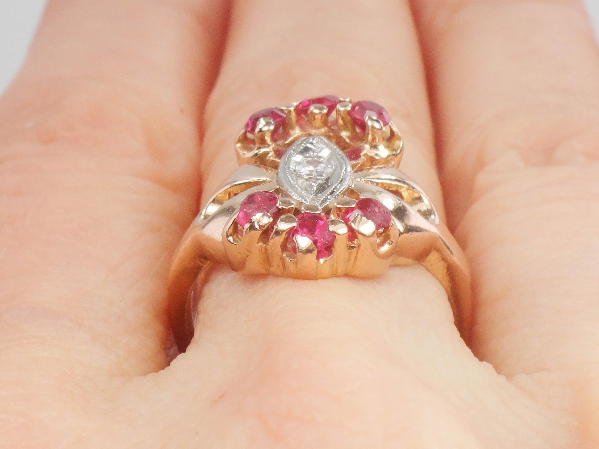 Rose Gold Ruby and Diamond Ring - Retro 1940's 14k July Birthstone Ring - Size 6 - Fine Jewelry
